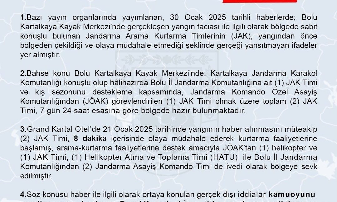 Jandarma Genel Komutanlığı, Bolu Kartalkaya Kayak Merkezi’nde otelde meydana gelen