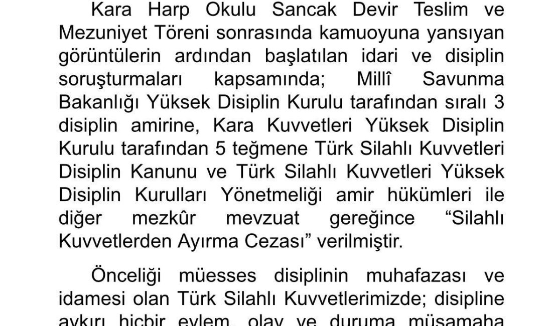 Milli Savunma Bakanlığı sıralı 3 disiplin amirine ve 5 teğmene,