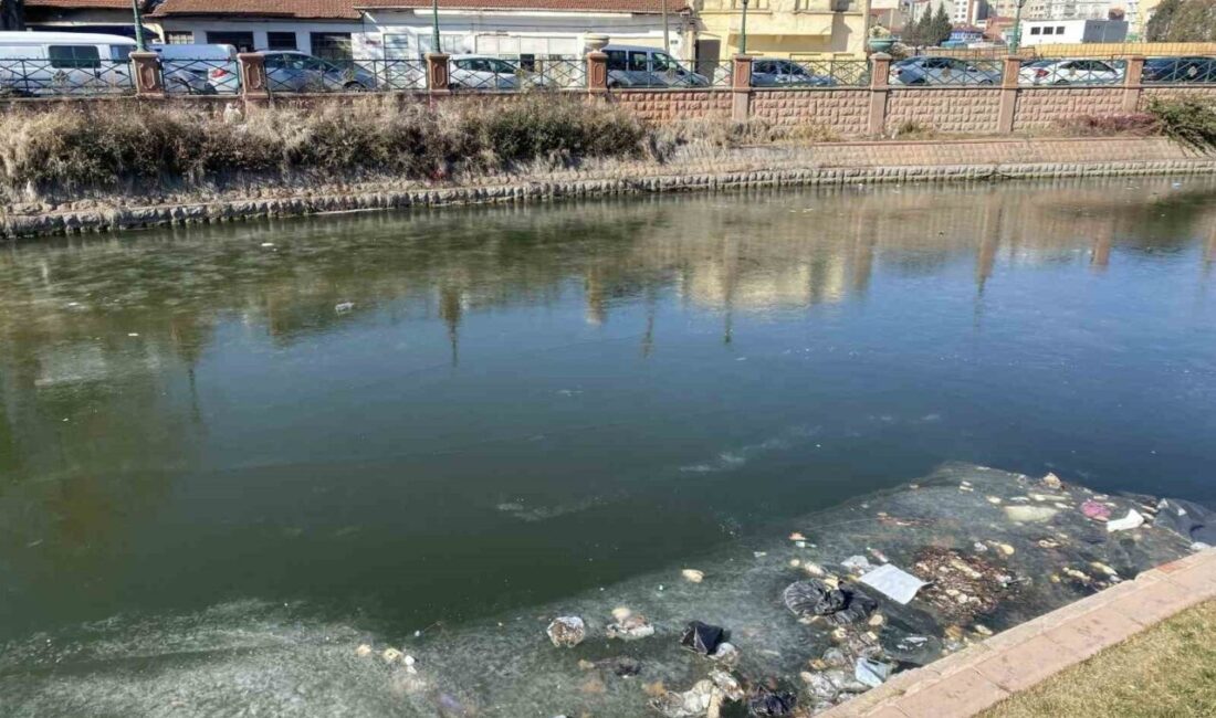Eskişehir’de, duyarsız vatandaşların Porsuk Çayı’a attığı çöplerin, kıyıda donan buz