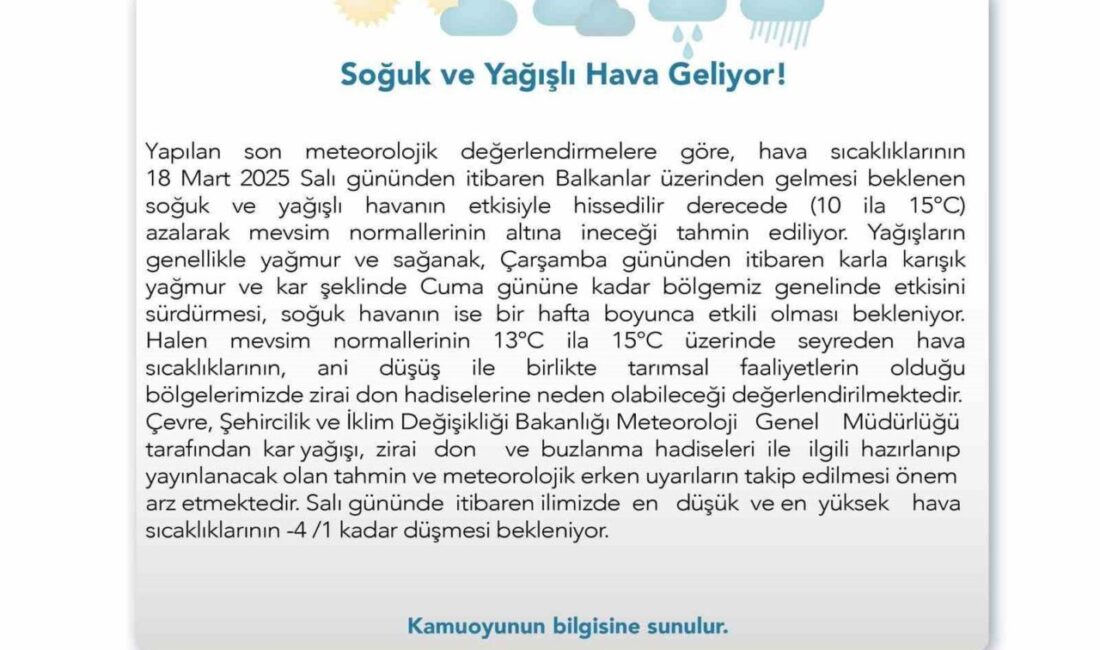 Eskişehir Valiliği, soğuk ve yağışlı havanın etkisine girileceği konusunda meteorolojik