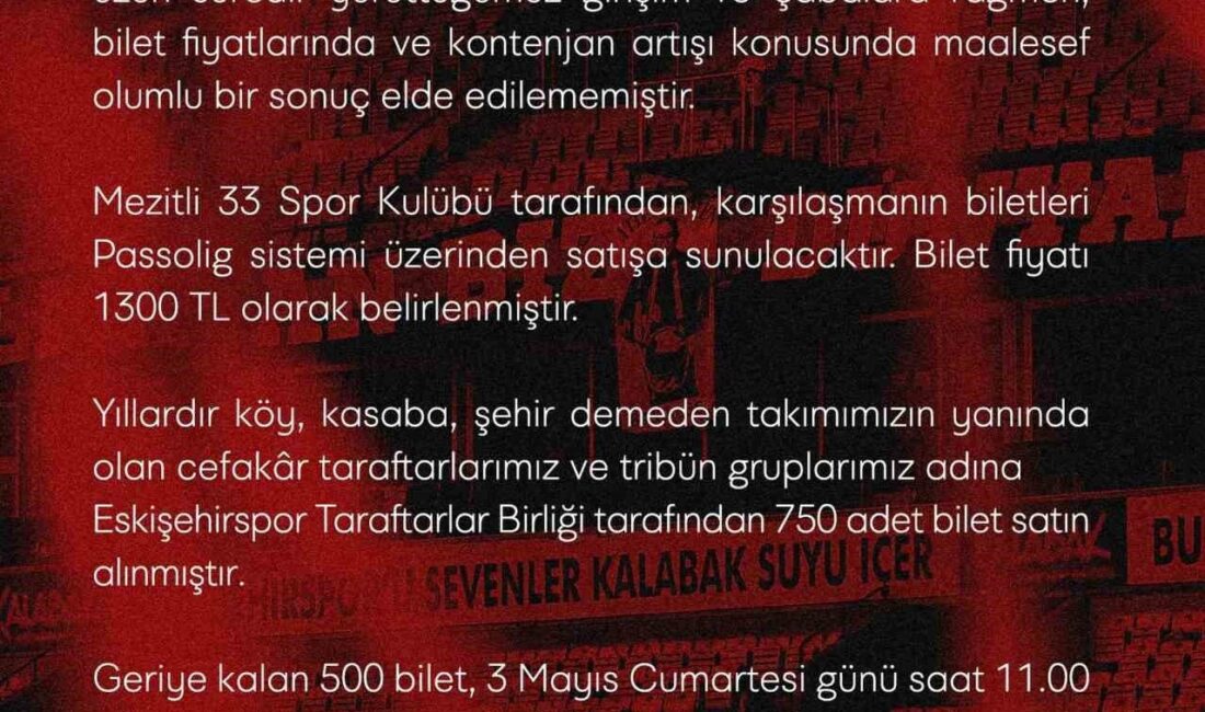Eskişehirspor, yapılan tüm görüşmelere rağmen Mezitli 33 Spor deplasmanına gidecek
