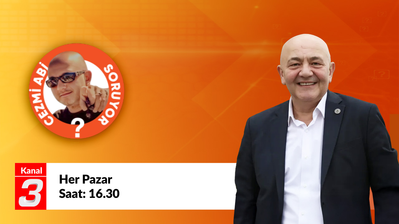 Kanal 3 banner: Her Pazar — Saat: 16.30; smiling man in a suit on an orange gradient, left circular logo.