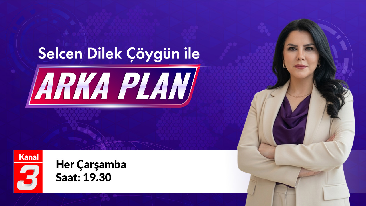 Promotional TV banner for 'ARKA PLAN' with host Selcen Dilek Çokyğun on the right, bold pink title on a purple tech-pattern background, Kanal 3 logo bottom left, and schedule text 'Her Çarşamba Saat: 19.30' on a white strip.