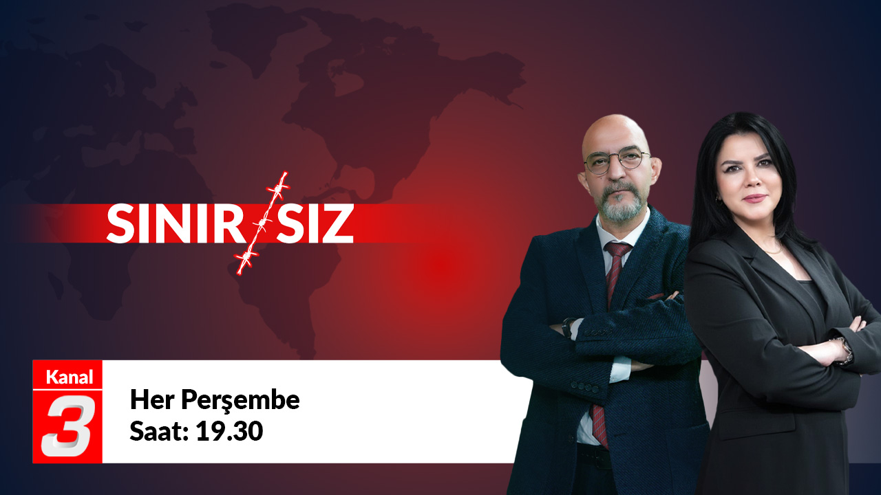Kanal 3 promo banner for 'SınırSız' with two hosts and the text 'Her Perşembe Saat: 19.30'.