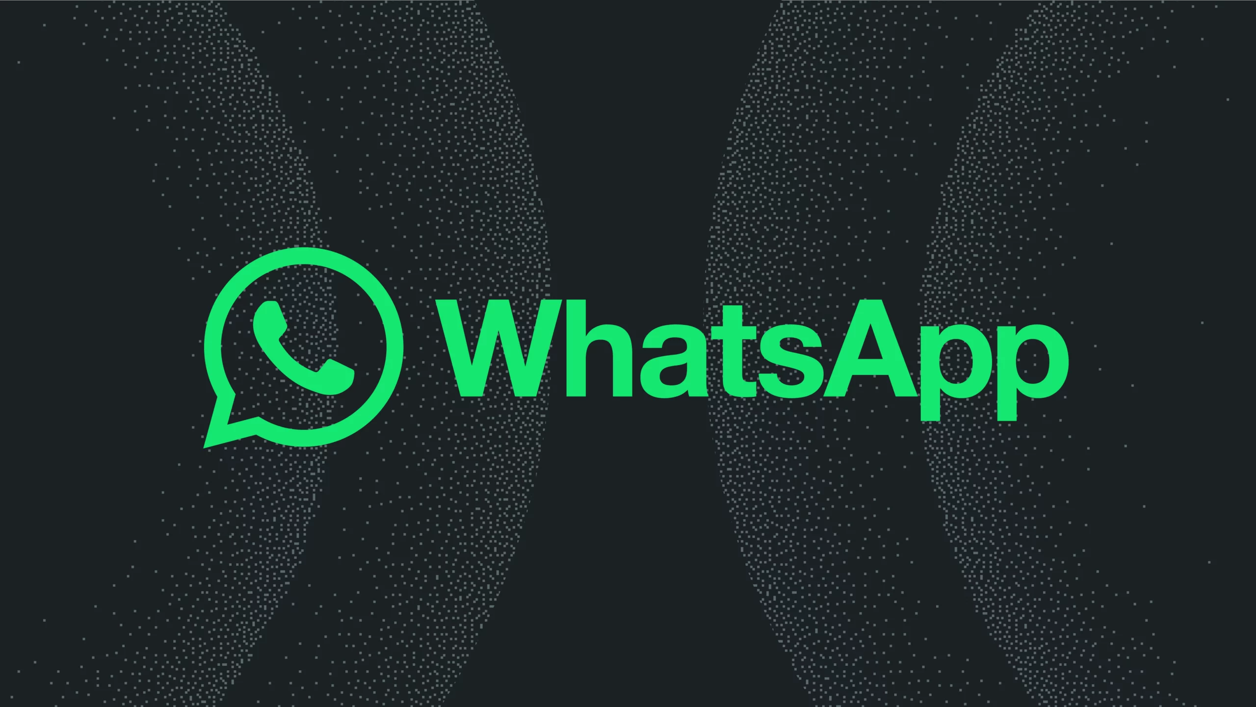 WhatsApp logo: bright green speech-bubble icon with the word 'WhatsApp' on a dark dotted background.